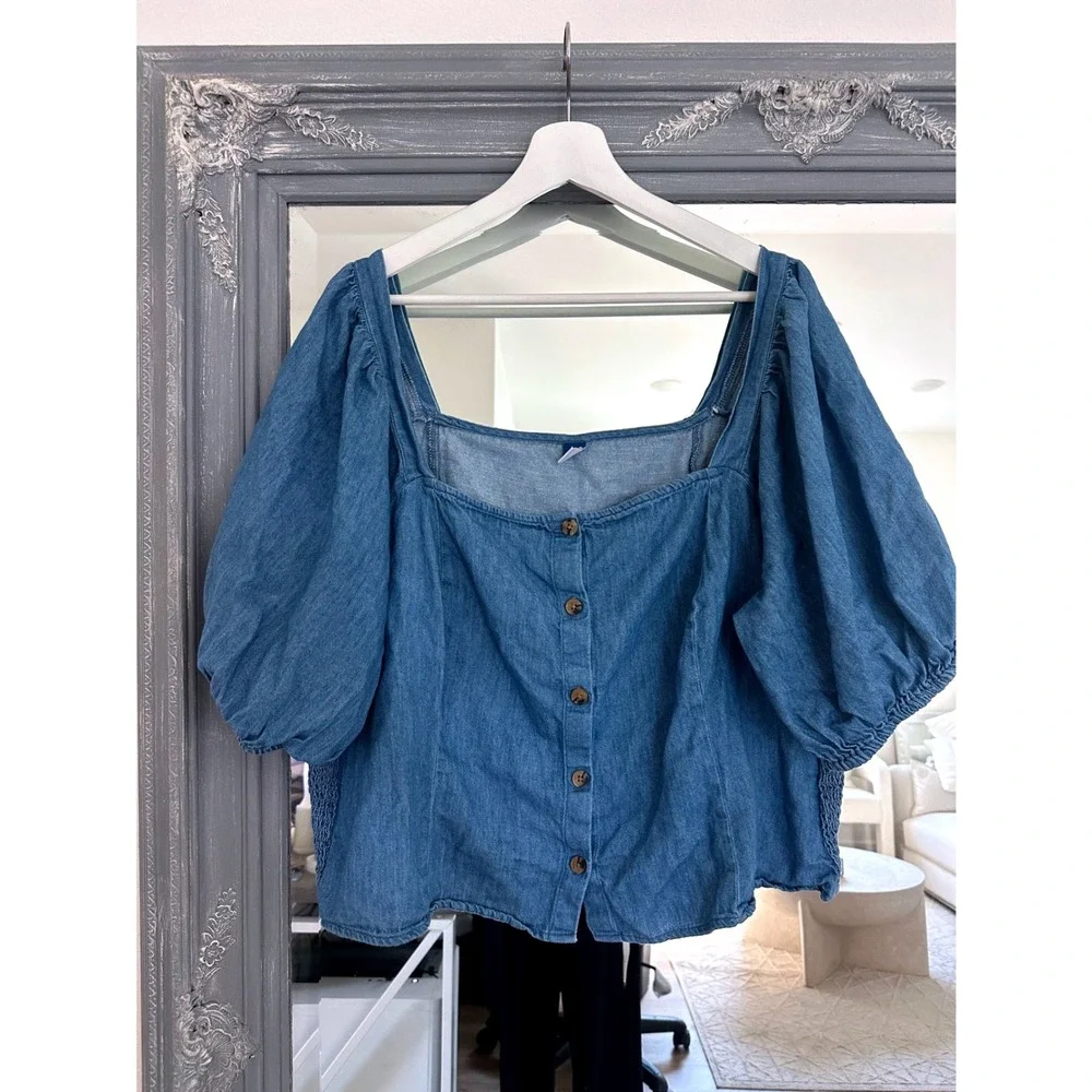 Old Navy Milkmaid Denim Chambray Puff Sleeve Square Neck Button Front Top 3X